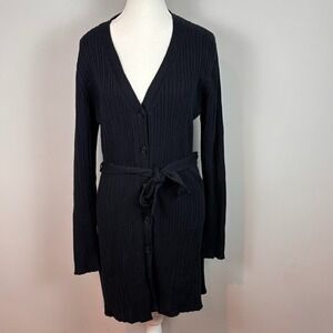 Andrea Behar Y2K Black Ribbed Button Front Duster Cardigan 100% Cotton SZ Large